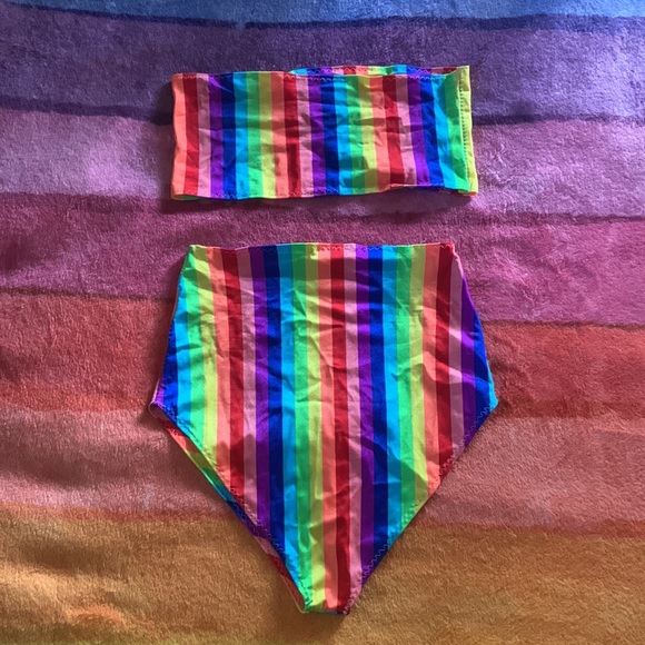 Shimmy Shine Rainbow High Waisted Hotpants Bandeau Set - Picture 2 of 3